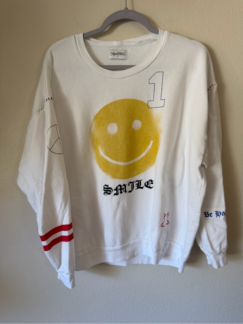 Lauren Moshi White Sweatshirt with Yellow Smiley Graphic